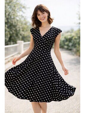ModCloth Polka Dot Dress M Black White Fit Flare Retro Midi USA